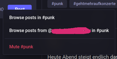 screenshot zeigt das Menü,mit den Punkten Browse post in #punk, Browse posts from (censored account) in #punk, und in rot Mute #punk