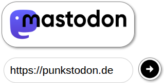 Login shows Mastodon logo and an input field with punkstodon.de